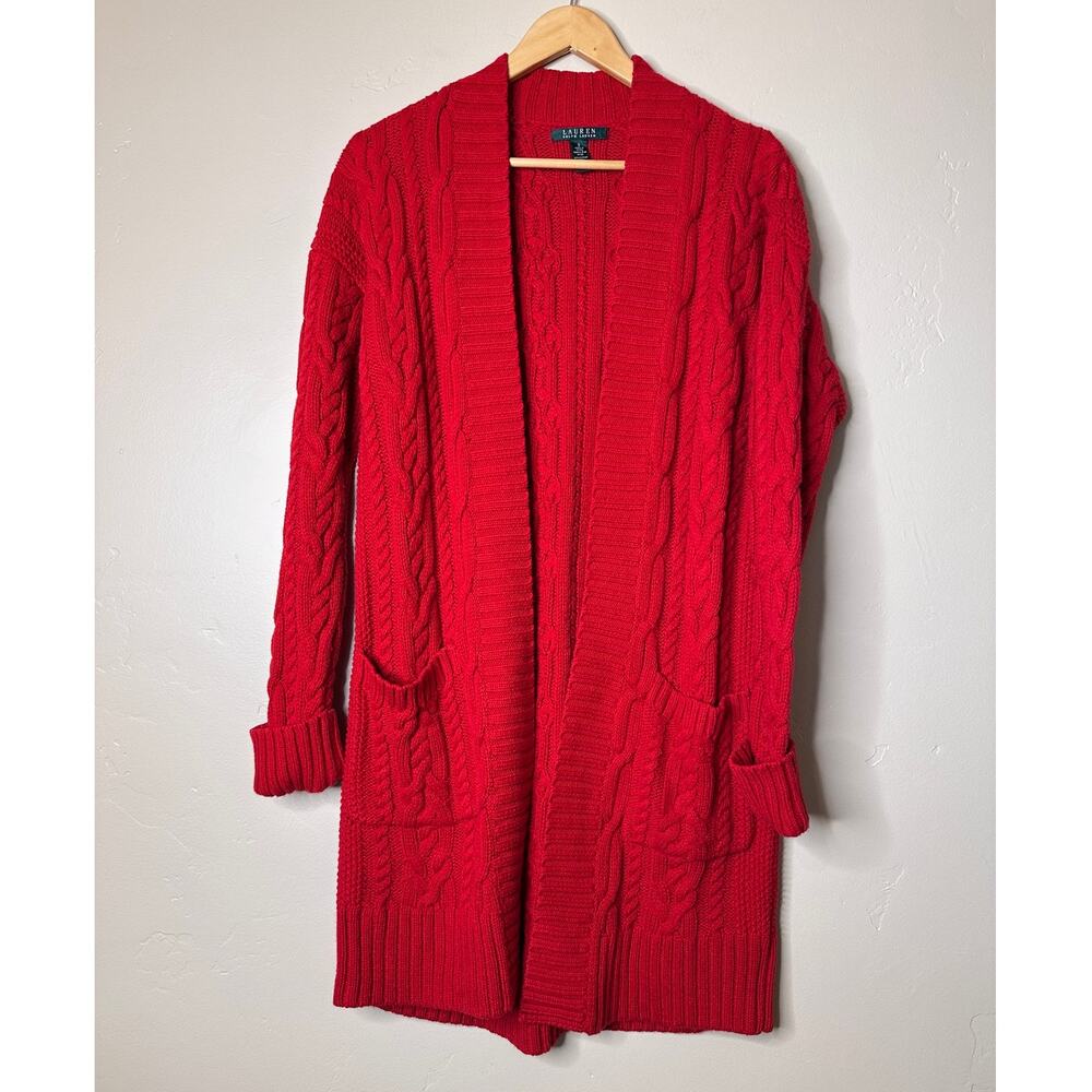 Lauren Ralph Lauren Red Chunky Cable-Knit Open Front Cardigan Midi Sweater SMALL